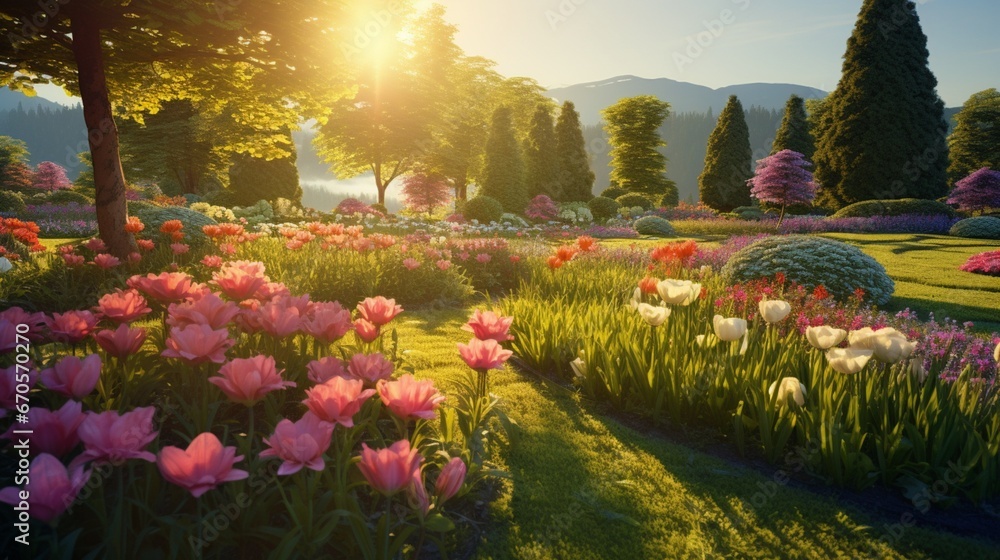 An expansive view of a pristine flower garden, with a well-maintained lawn glistening with morning dew.