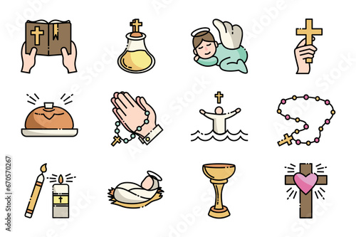 Christian icons set in flat cartoon design. The Christian sacrament of baptism in this whimsical icon set, crafted in an engaging cartoon style. Vector illustration.