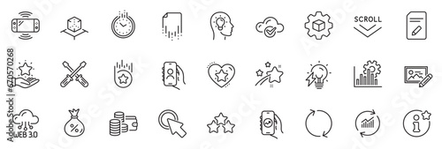 Icons pack as Screwdriverl  User call and Ranking stars line icons for app include Refresh  Update data  Time outline thin icon web set. Electricity bulb  Loyalty program. Vector