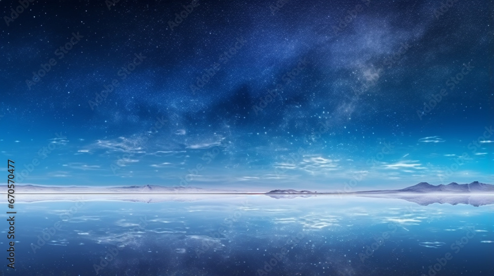 Salar de Uyuni salt flat during the starry night. Beautiful mirror reflection on sky. generative ai