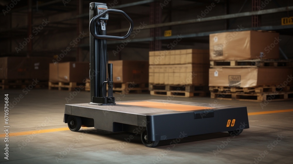 An industrial heavy-duty platform scale, situated in a warehouse, ready to weigh large cargo boxes being moved by a forklift in the background.