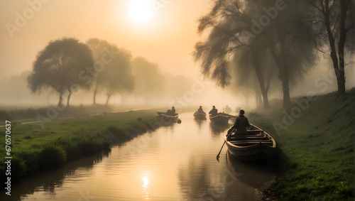 Countryside view and canal side and boats and morning sun and mist. See the beauty of nature in the chapter photo