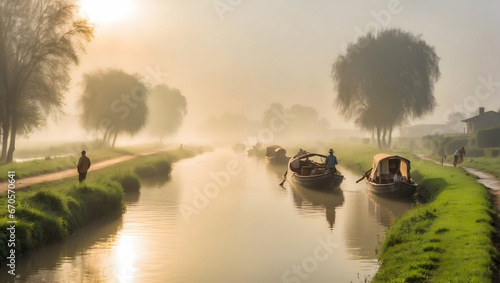 Countryside view and canal side and boats and morning sun and mist. See the beauty of nature in the chapter