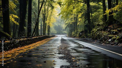 Scenic mountain winding road after rain through autumn forest. Empty asphalt road. generative ai
