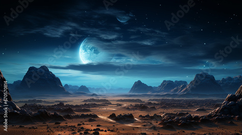 Scenic view of sandy desert under starry sky in night. generative ai