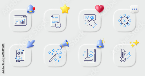 Electricity power, Place and Website statistics line icons. Buttons with 3d bell, chat speech, cursor. Pack of Manual, Fake information, Inspect icon. Discrimination, Magic wand pictogram. Vector