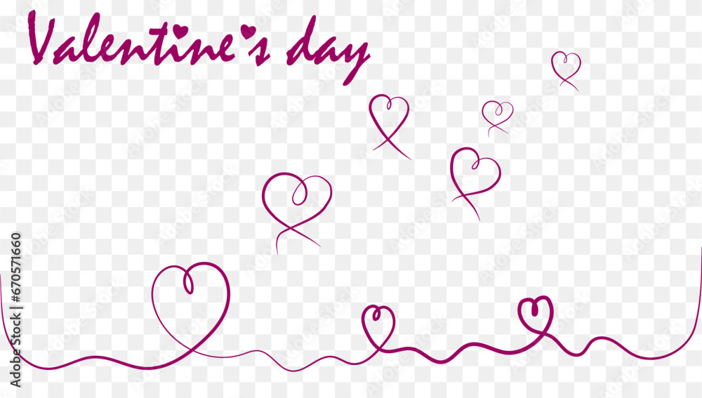 Heart symbol of valentines day. Line art style, wide banner with space for text and shadow on white background