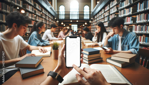 A hand holding a smartphone with a blank screen. A group of students studying in a library. Insert your own screen image. For app mockups. Study app, elearning or education concept.