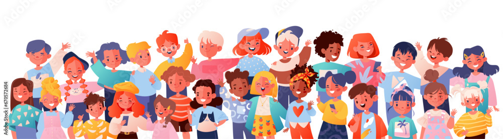 Happy smiling diverse children standing together and waving. Kindergartners schoolchildren and students. Concept of diversity, relationships in group. Different hairstyles, skin color, ethnicity