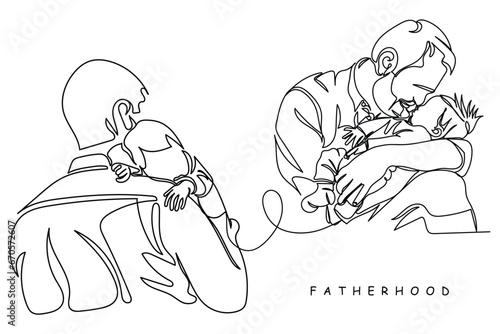 parenthood concept. Infant protection day line art.Father holding adorable little baby with great care.Man loving his girl child.Father's day. Father and son bond.Father and daughter love. Line art