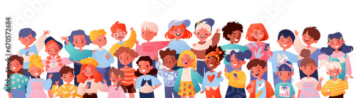 Happy smiling diverse children standing together and waving. Kindergartners schoolchildren and students. Concept of diversity, relationships in group. Different hairstyles, skin color, ethnicity