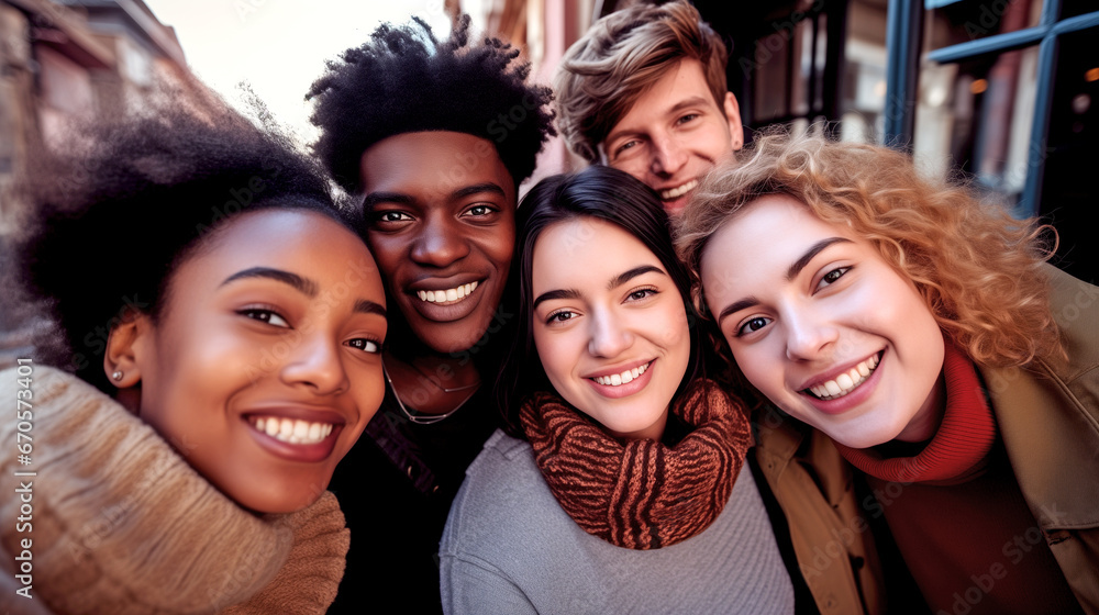 MULTIETHNIC HAPPY GROUP OF YOUNG PEOPLE TAKING SELFIE. legal AI