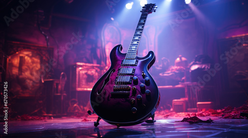 Close up of electric guitar on a stage during rock concert