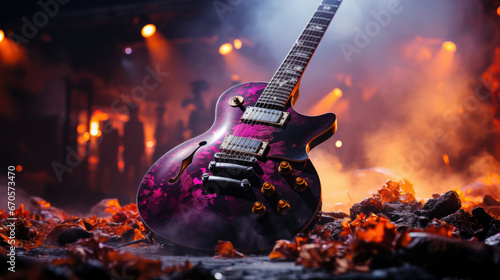 Close up of electric guitar on a stage during rock concert