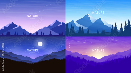 Set of polygonal banners. Flat style. Mountain landscape, night sky, sunset, mountains and forest. Concept of tourism. Design for cover, wallpaper, website, flyer. Vector images.