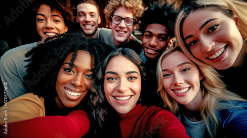 MULTIETHNIC HAPPY GROUP OF YOUNG PEOPLE TAKING SELFIE. legal AI