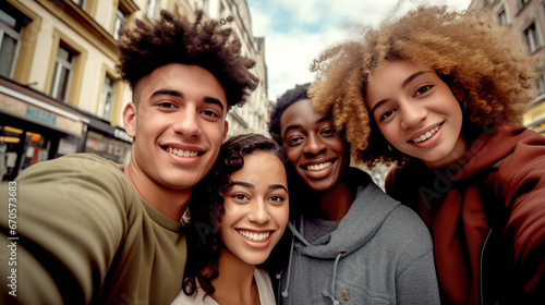 MULTIETHNIC HAPPY GROUP OF YOUNG PEOPLE TAKING SELFIE. legal AI