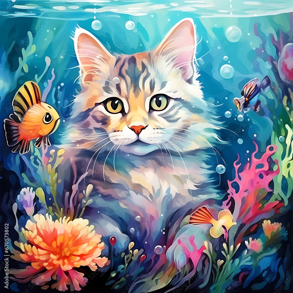 A Painting Colorful Cat Animals Under the Sea Water beautiful background