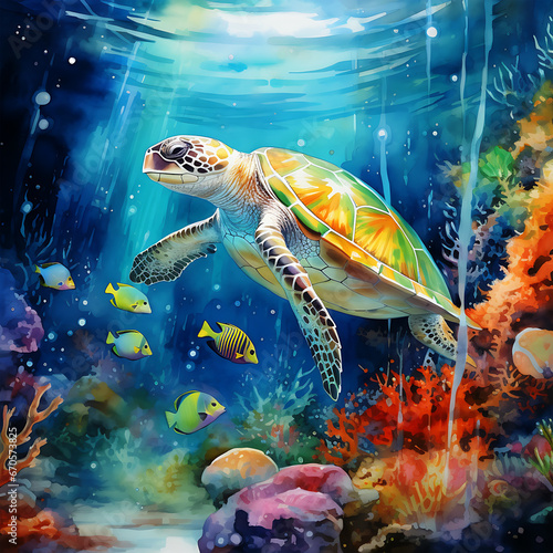 A Painting Colorful Turtle Animals Under the Sea Water beautiful background © Baby