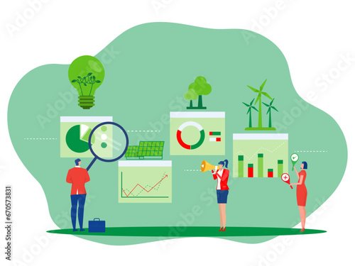 Business eco principles with sustainable stock market Environmental investment evaluation with renewable resources consumption Green finance and impact investing for sustainable vector illustration.