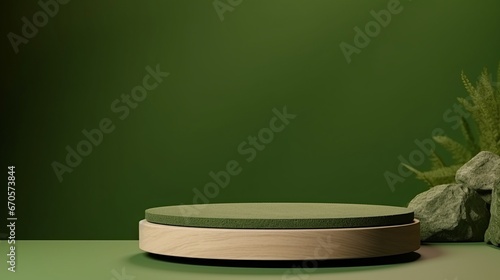 Green Natural Elements Podium for Product Presentation. Abstract Scene Background.