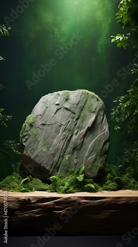 Green Natural Elements Podium for Product Presentation. Abstract Scene Background.