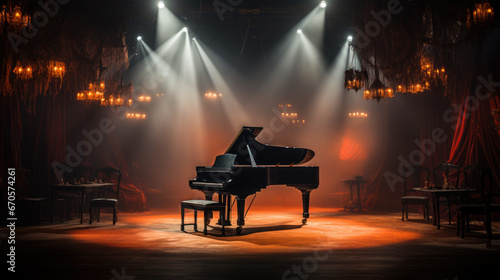 Grand piano in the center of a large hall. photo
