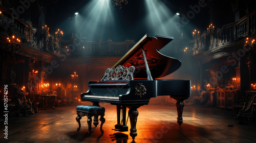 Grand piano in the center of a large hall.