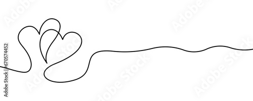Hand drawing with double hearts. Continuous line with symbol love. Romantic sketch.