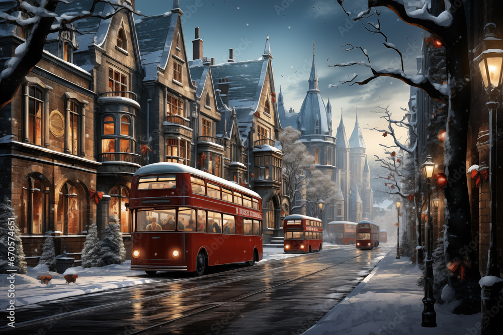 Obraz na płótnie red buses moving on snowy winter street. holiday season illustration w salonie