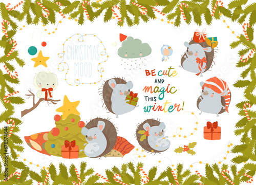 Set of Cute Playful Christmas Hedgehogs. Happy New Year  Merry Xmas Design Element. Vector Illustration