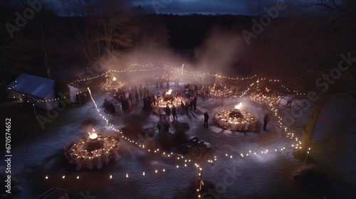 Twilight Winter Feast Aerial View. Bonfire, Long Table, Cooking Fire.