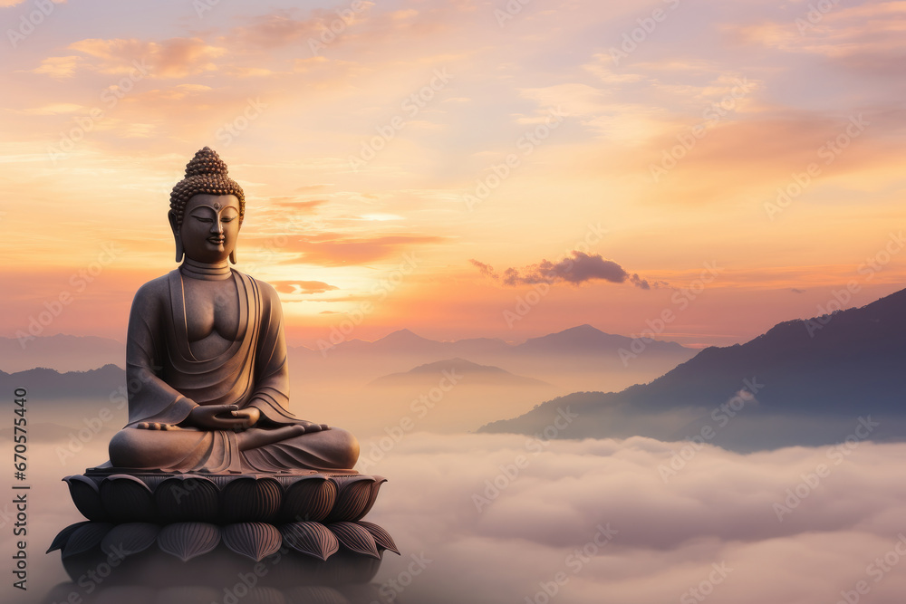 Fototapeta premium Buddha Statue in Meditation above the Horizon
