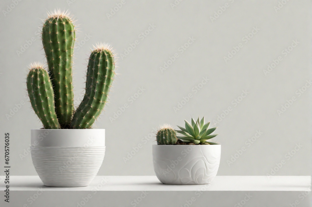Mixed cacti and succulents in pots, space for text. White background. Generative AI Mixed cacti and succulents in pots, space for text. White background. Generative AI