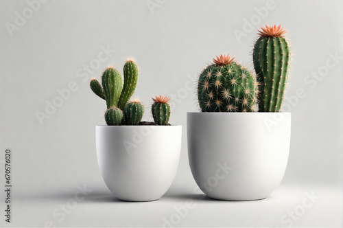 Mixed cacti and succulents in pots, space for text. White background. Generative AI