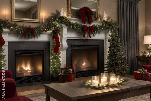 Wallpaper Mural fireplace with christmas decorations, Generative ai Torontodigital.ca