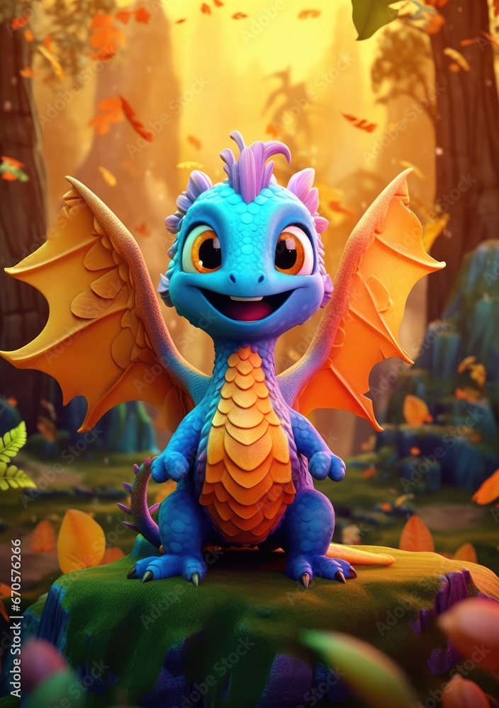 A beautiful cute magic dragon with big kind eyes sits against the backdrop of a fairy forest. A wonderful and sweet character. A beautiful cute magic dragon with big kind eyes sits against the backdrop of a fairy forest. A wonderful and sweet character.