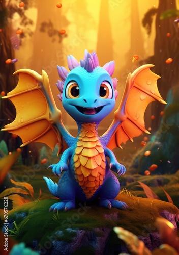 A beautiful cute magic dragon with big kind eyes sits against the backdrop of a fairy forest. A wonderful and sweet character.