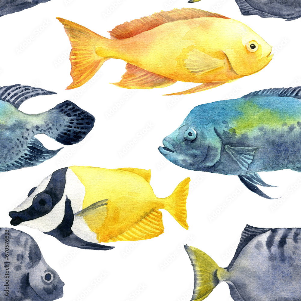 Fototapeta premium watercolor drawing seamless pattern with fishes at white background, hand drawn illustration