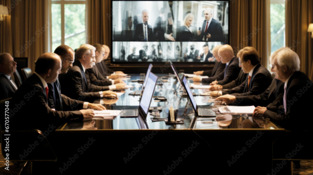 Secretive Meeting of leaders,Team of Government Agents Politicians, Diverse business people, Military top Corporate Executives, Multi ethnic, Trying to Come Agreement, Blurred image - obrazy, fototapety, plakaty 