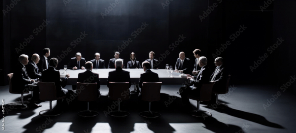 Secretive Meeting of leaders,Team of Government Agents Politicians, Diverse business people, Military top Corporate Executives, Multi ethnic, Trying to Come Agreement, Blurred image - obrazy, fototapety, plakaty 