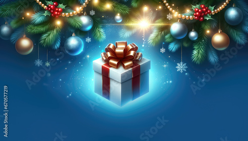 A deep blue festive background with a small glossy gift box shining. Ai generative.