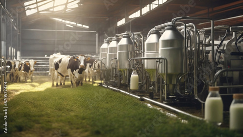 Farm with a robotic cow milking system. Milk production on a modern industrial farm. A herd of cows grazing on green meadows provides quality milk photo
