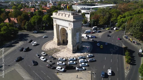 High Angle drone footage of the Arc de triumf in the capital of Romania - Bucharest.
 photo