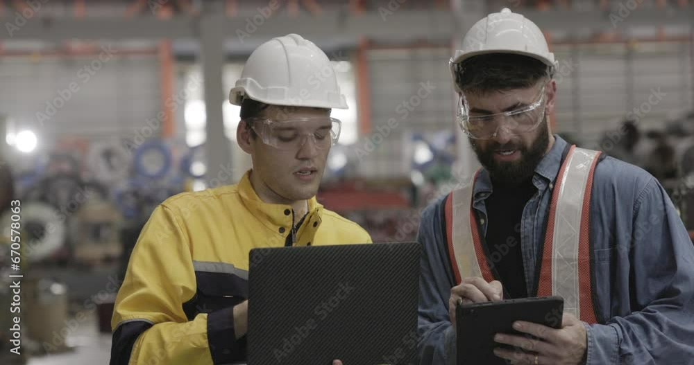 team of machinery factory engineers uses laptops to inspect machines that produce steel-related parts in a large factory. Working professionally, wearing hard hats to protect workplace safety. team of machinery factory engineers uses laptops to inspect machines that produce steel-related parts in a large factory. Working professionally, wearing hard hats to protect workplace safety.