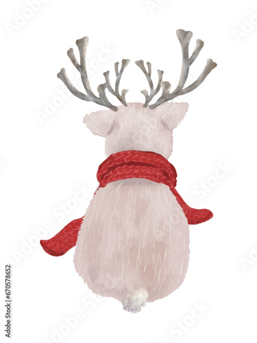 赤いマフラーをしたトナカイの後ろ姿　座ってるトナカイ　クリスマスコーデなトナカイ　ちょこんと座るトナカイの後ろ姿　クリスマス素材