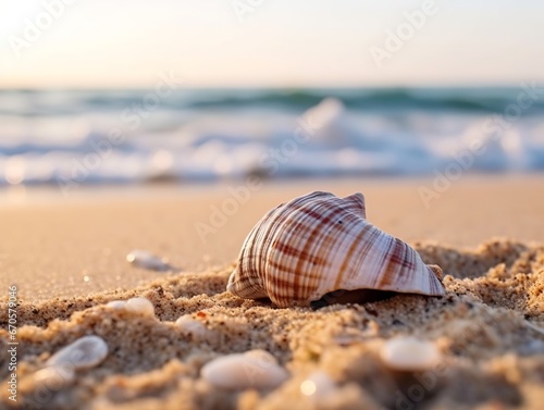 Shell on sand in the sea. Vacation theme.