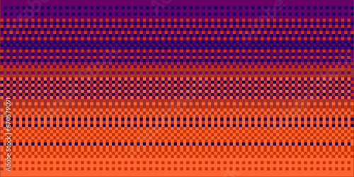Simple sunset pixel sky with a bright gradient. Orange, purple and blue abstract background with a pattern of square pixels. Vector illustration in retro video game style.