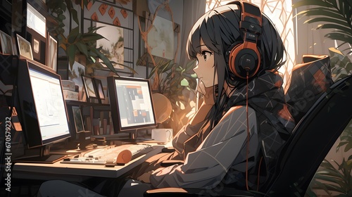 Cute chibi LOFI anime manga girl, valentines day hearts background