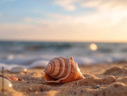 Shell on sand in the sea. Vacation theme.